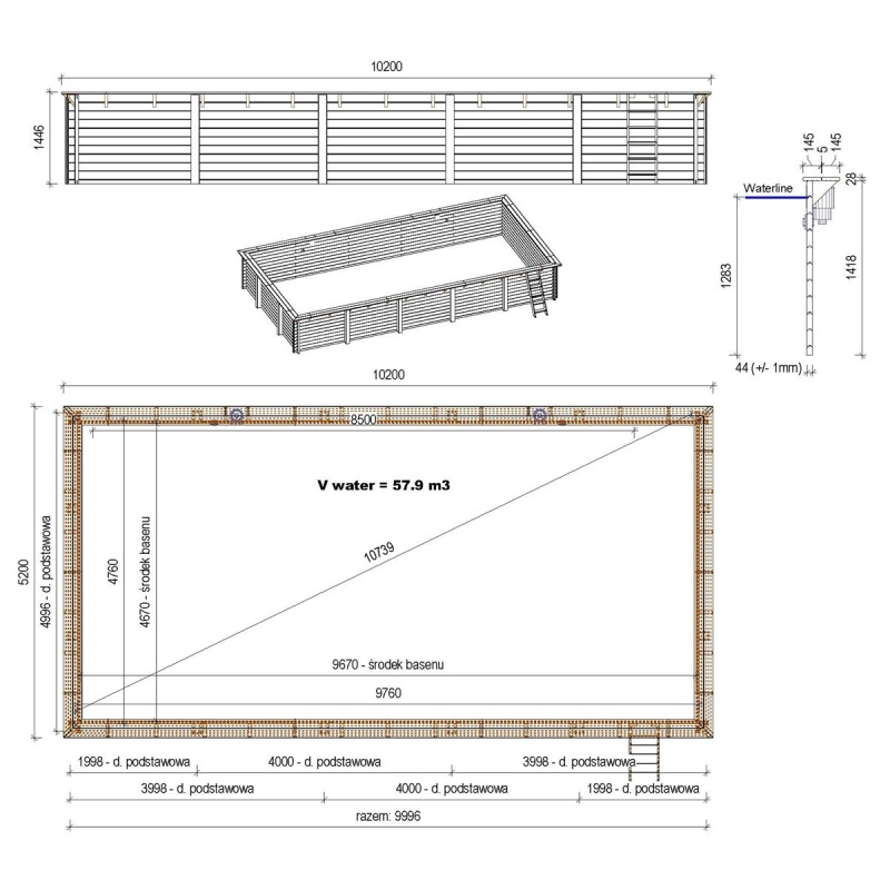 Piscina in legno AQUA 10.2 x 5.2 - H.1.45 m, sabbia, con supporti fissati al calcestruzzo