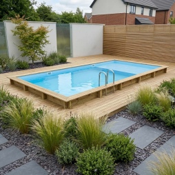 Piscina in legno AQUA 10.2 x 5.2 – H.1.45 m con spiaggia, azzurro chiaro, con supporti da cementare