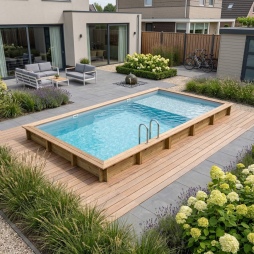 Piscina in legno AQUA 10.2 x 5.2 – H.1.45 m con spiaggia, grigio, con supporti da cementare