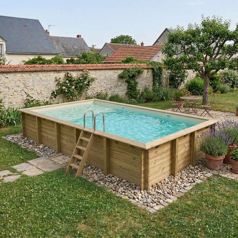 Piscina in legno AQUA 10.2 x 5.2 – H.1.45 m con spiaggia, sabbia, con supporti da cementare