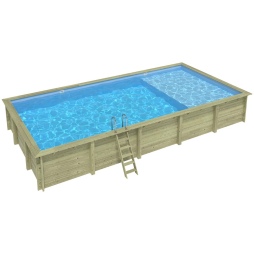 Piscina in legno AQUA 10.2 x 5.2 – H.1.45 m con spiaggia, azzurro chiaro, con supporti fissati al calcestruzzo