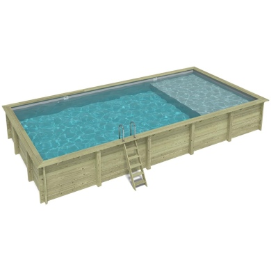 Piscina in legno AQUA 10.2 x 5.2 – H.1.45 m con spiaggia, grigio, con supporti fissati al calcestruzzo