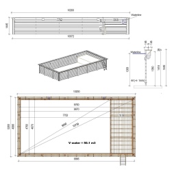 Piscina in legno AQUA 10.2 x 5.2 – H.1.45 m con spiaggia, grigio, con supporti fissati al calcestruzzo