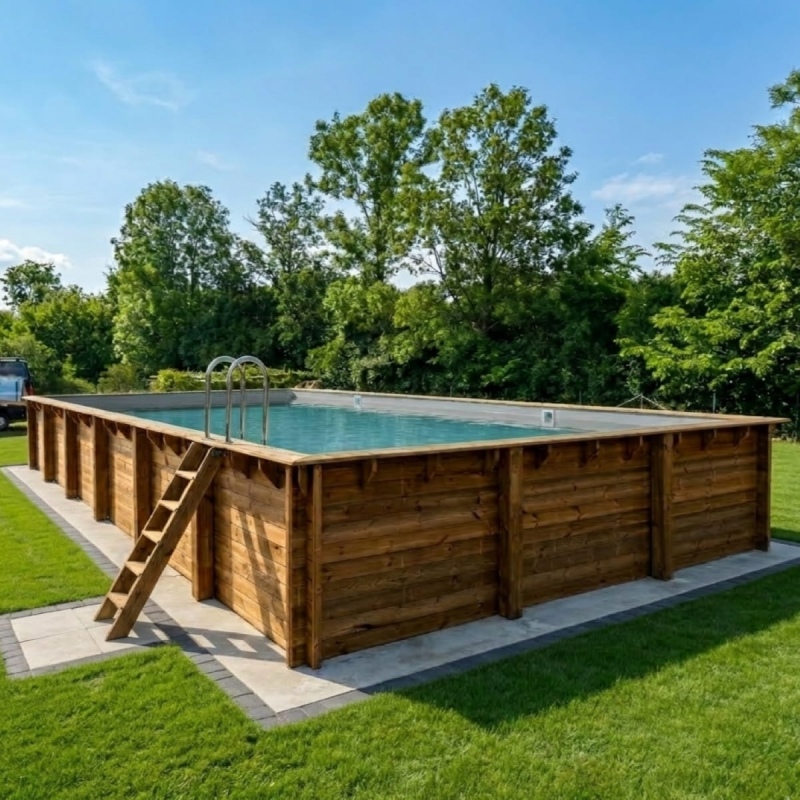 Piscina in legno AQUA 10.2 x 5.2 – H.1.45 m con spiaggia, grigio, con supporti fissati al calcestruzzo