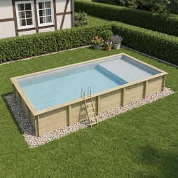 Piscina in legno AQUA 10.2 x 5.2 – H.1.45 m con spiaggia, grigio, Su telaio - senza cementazione