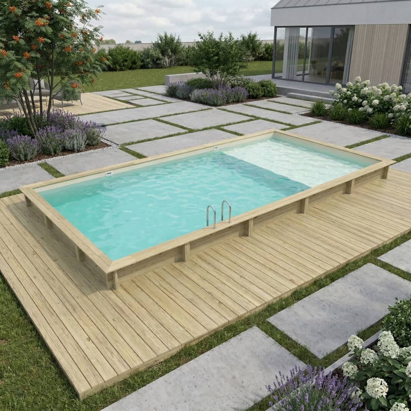 Piscina in legno AQUA 10.2 x 5.2 – H.1.45 m con spiaggia, sabbia, Su telaio - senza cementazione