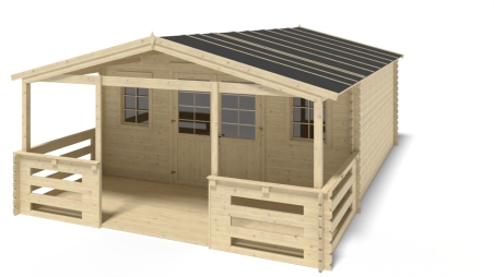 Casetta da giardino in legno con veranda e tettoia - 35m2 - 5x5m - 40mm - colore: naturale