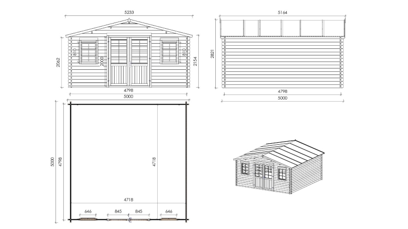 Casetta da giardino in legno con veranda e tettoia - 35m2 - 5x5m - 40mm - colore: naturale