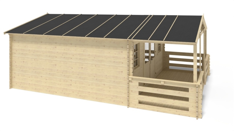 Casetta da giardino in legno con veranda e tettoia - 35m2 - 5x5m - 40mm - colore: naturale