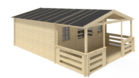 Casetta da giardino in legno con veranda e tettoia - 35m2 - 5x5m - 40mm - colore: naturale
