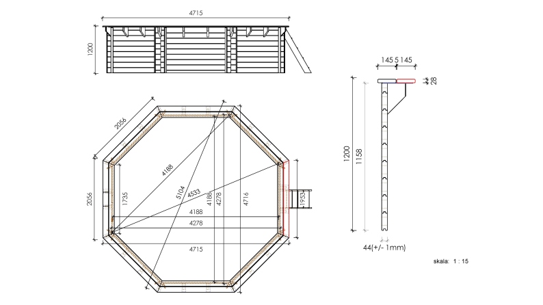 Piscina in legno 4.71x4.72 - H.1.2 m autoportante