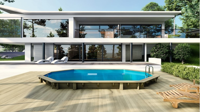 Piscina in legno 6.57x4.07 - H.1.2 m fissate su calcestruzzo esistente