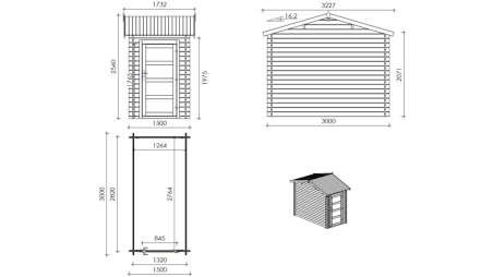 Casetta da giardino in legno – 1.5x3 m con estensione 1.5x2.76 m - 4.5 m²