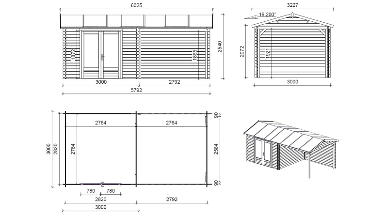 Casetta da giardino in legno - 17.4m2 - 5.79x3m - 28mm - colore: naturale