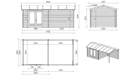 Casetta da giardino in legno - 17.4m2 - 5.79x3m - 28mm - colore: naturale